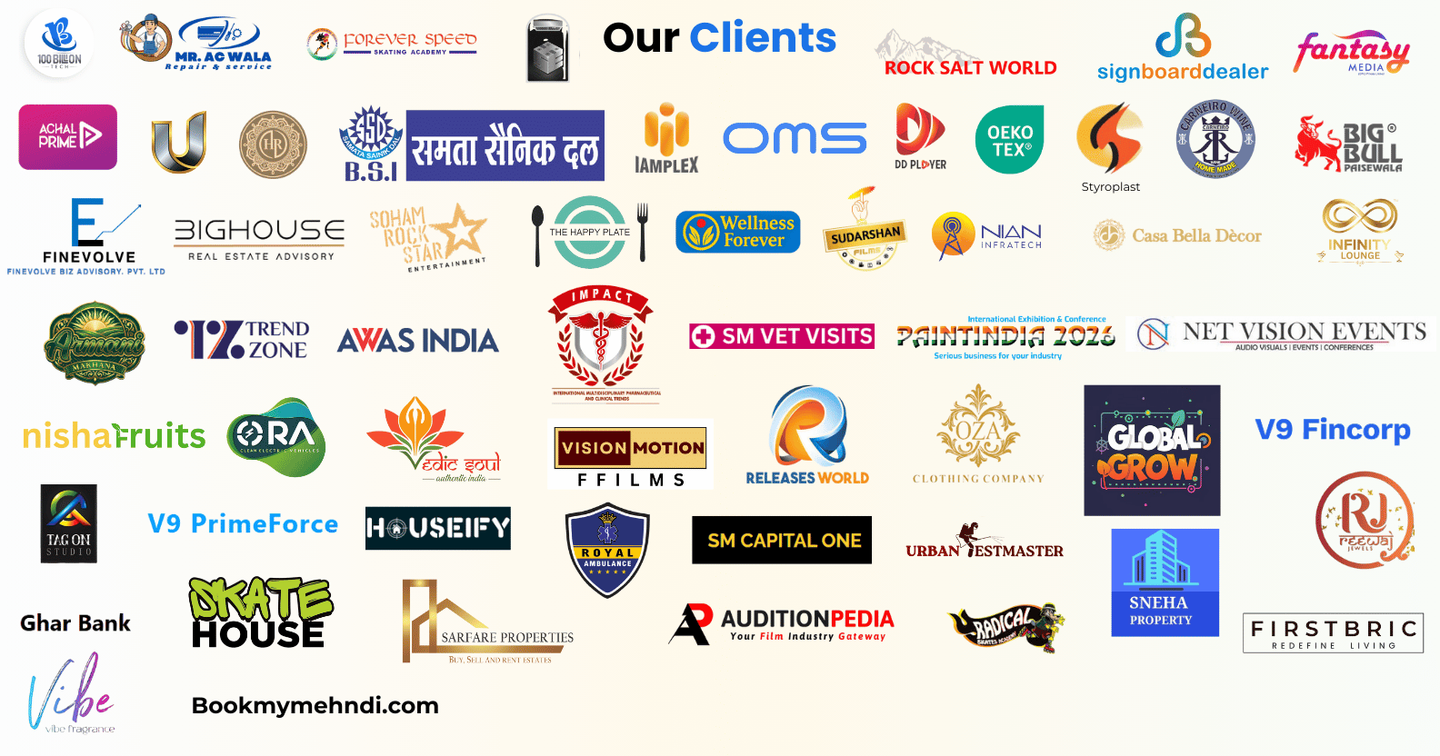 100Billion Tech client list — company logos of businesses served for website development, software, and digital projects in Mumbai India